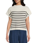 Striped Mock Neck Short Sleeve Sweater- Ivory