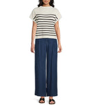Striped Mock Neck Short Sleeve Sweater- Ivory