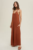 Wide Leg Knit Jumpsuit-Rust