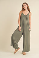Wide Leg Knit Jumpsuit- Olive