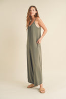 Wide Leg Knit Jumpsuit- Olive