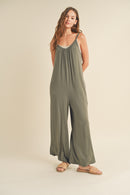 Wide Leg Knit Jumpsuit- Olive