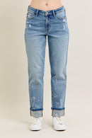 Judy Blue Mid Rise Bleach Splatter Single Cuff & Destroy BF