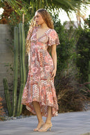 Neck Twist Front Short Sleeve Dress Pink Paisley