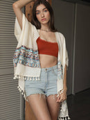 Embroidery Trim Kimono with Tassels