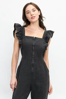 Ruffled Washed Cotton Jumpsuit with Front Zipper