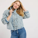 Washed Denim Quilted Front Tie Jacket- Light Denim