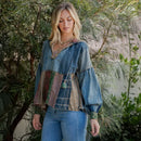 Relaxed Waist-Length Denim Hoodie with Eclectic Plaid Fusion