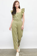 Ruffled Washed Cotton Jumpsuit with Front Zipper
