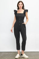 Ruffled Washed Cotton Jumpsuit with Front Zipper