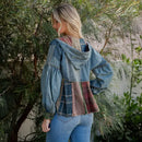 Relaxed Waist-Length Denim Hoodie with Eclectic Plaid Fusion