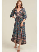 V Neck Twist Front Cut Out Hi Lo Maxi Dress W Slit