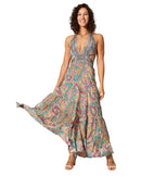 Long Sleeveless Halter Summer Dress - Pink & Teal