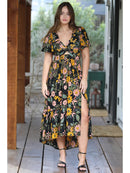 V Neck Twist Front Cut Out Dress Black Floral