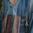Relaxed Waist-Length Denim Hoodie with Eclectic Plaid Fusion