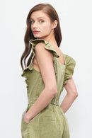 Ruffled Washed Cotton Jumpsuit with Front Zipper