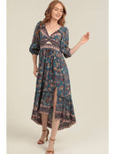 V Neck Twist Front Cut Out Hi Lo Maxi Dress W Slit