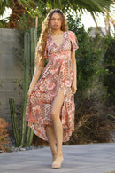 Neck Twist Front Short Sleeve Dress Pink Paisley