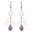 Sun and Moon Earring with Rough Stones and Silver Finish- Amethyst