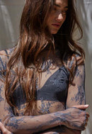 Knit Jacquard Lace Long Sleeve Mock Neck Top