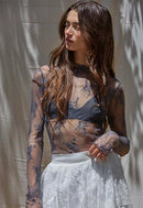 Knit Jacquard Lace Long Sleeve Mock Neck Top