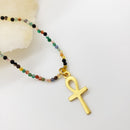 Egyptian Ankh On Petitie Agate Beaded Necklace