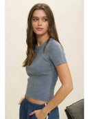 Washed Ribbed Short Sleeve Cropped Knit Tee
