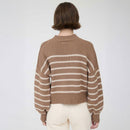 Striped Mock Neck Drop Shoulder Knit Sweater- Cocoa
