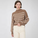 Striped Mock Neck Drop Shoulder Knit Sweater- Cocoa