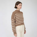 Striped Mock Neck Drop Shoulder Knit Sweater- Cocoa