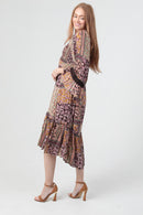 Tiered Midi Dress with Slit and Flare Sleeve with Trim- Espresso