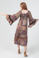 Tiered Midi Dress with Slit and Flare Sleeve with Trim- Espresso