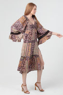 Tiered Midi Dress with Slit and Flare Sleeve with Trim- Espresso