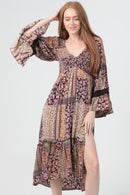 Tiered Midi Dress with Slit and Flare Sleeve with Trim- Espresso