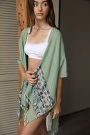 Embroidery Trim Kimono with Tassels