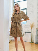 Mushroom Print Corduroy Shirt Dress-Brown