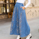 A-Line High Waist Hand Embroidery Denim Western Skirt