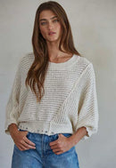 Knit Round Neck Sweater with 3/4 Sleeve - Ivory