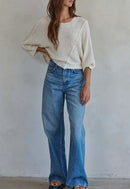 Knit Round Neck Sweater with 3/4 Sleeve - Ivory