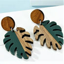 Monstera Leaf Wood and Resin Post Earrings in Dark Green