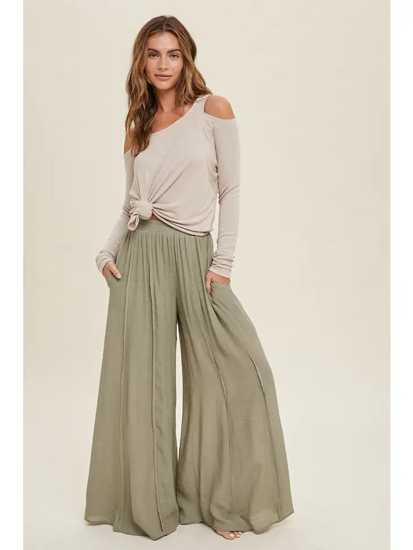 Wide Leg Pants with Raw Edge Detail-Olive