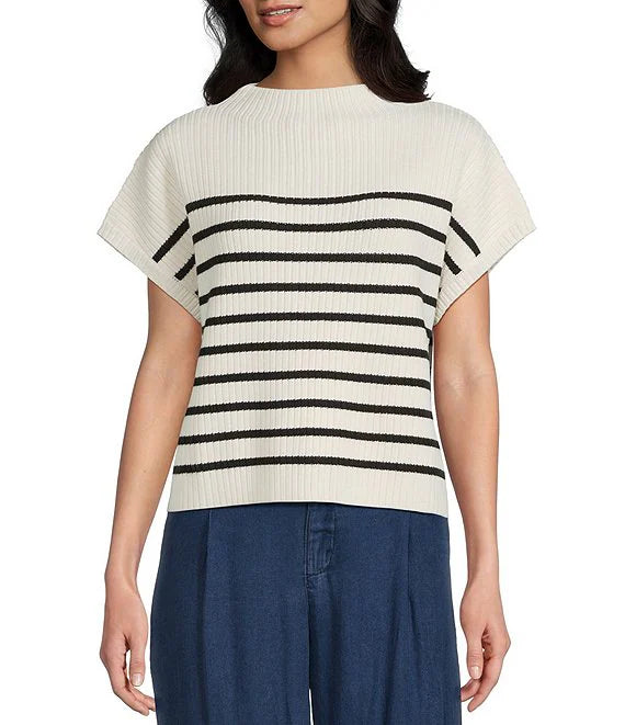 Striped Mock Neck Short Sleeve Sweater- Ivory