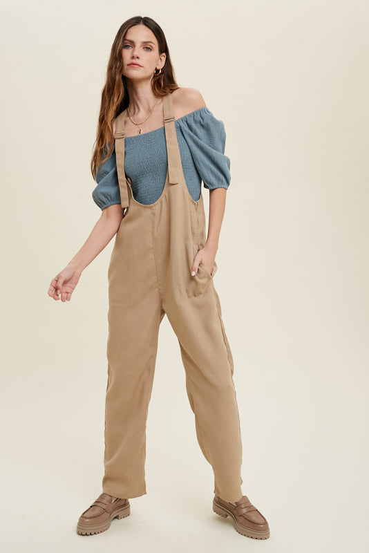 Taupe Twill Overall Jumpsuit with Pockets