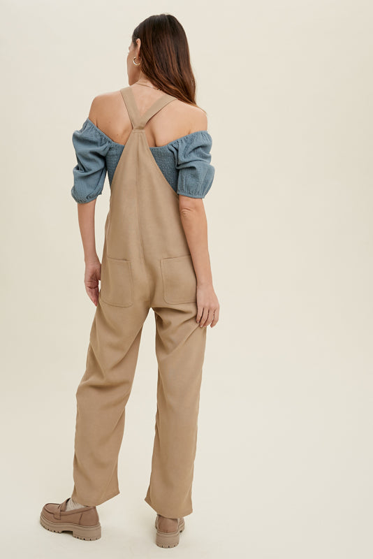 Taupe Twill Overall Jumpsuit with Pockets