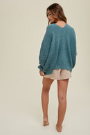Oversized V-Neck Ribbed Sweater- Teal Green