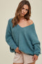 Oversized V-Neck Ribbed Sweater- Teal Green