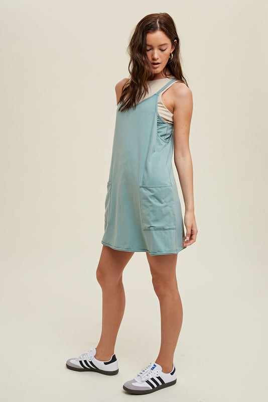 WASHED COTTON MINI DRESS WITH POCKETS - PISTACHIO