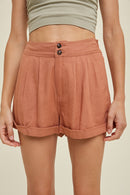 Linen Shorts with Pleated Detail - Clay