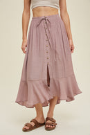 BUTTON-UP MIDI SKIRT WITH DRAWSTRING - D. Mauve