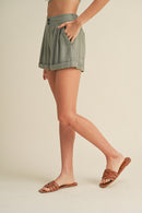 Linen Shorts with Pleated Detail - G.Olive